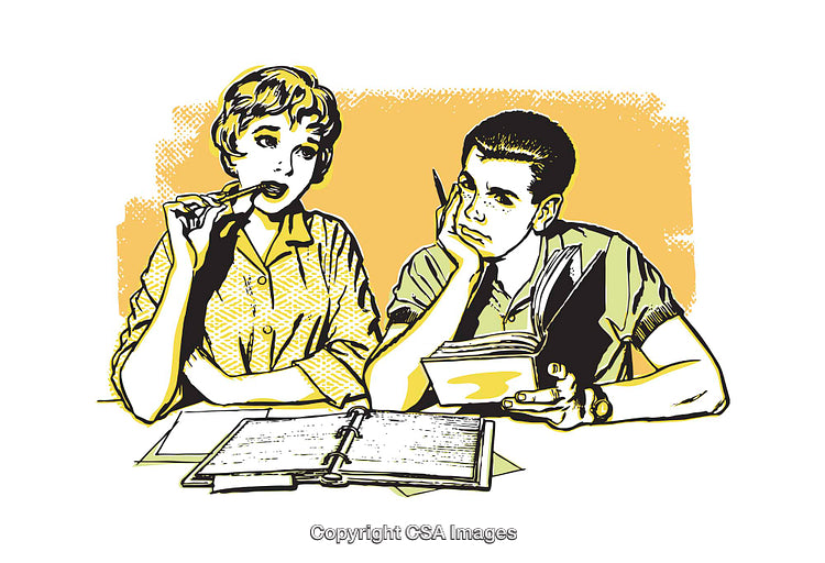 Retro Illustration of Students Studying Together With Books and Notes