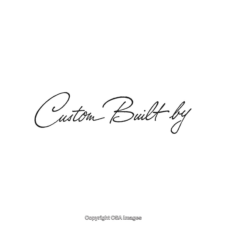 Handwritten Custom Built By Phrase in Elegant Script on White Background