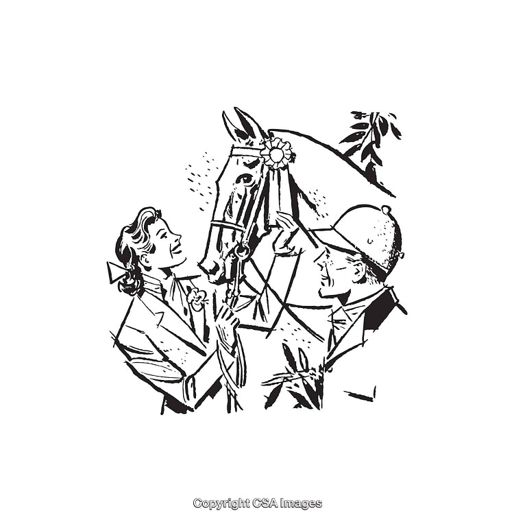 Elegant Line Art of Equestrian Scene Featuring Horse and Riders