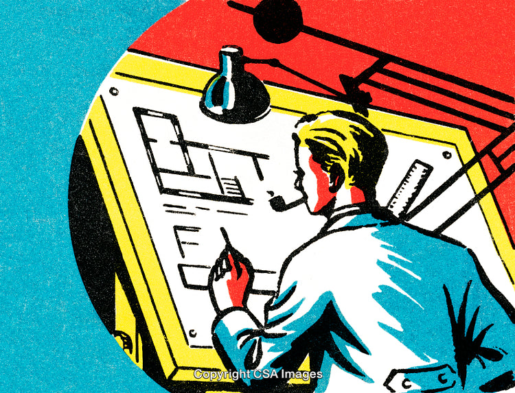 Illustration of an Architect Working on a Draft at a Desk