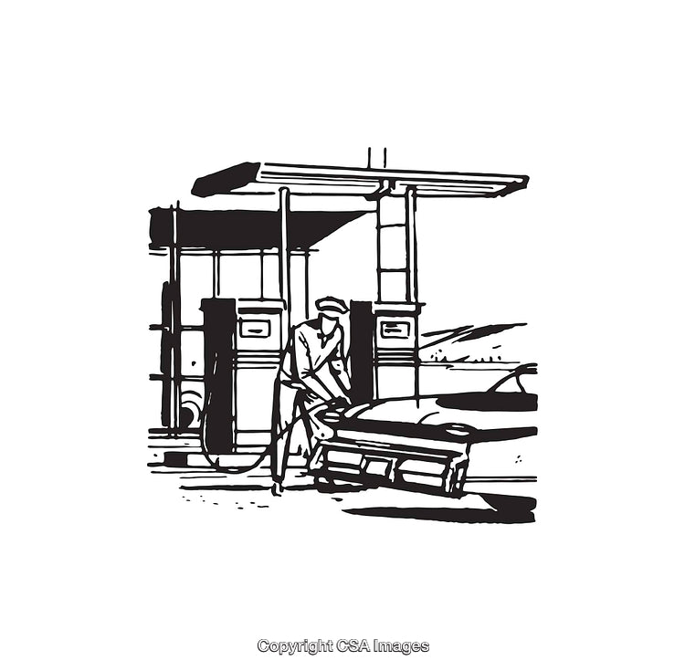 Vintage Line Art Illustration of a Gas Station Scene