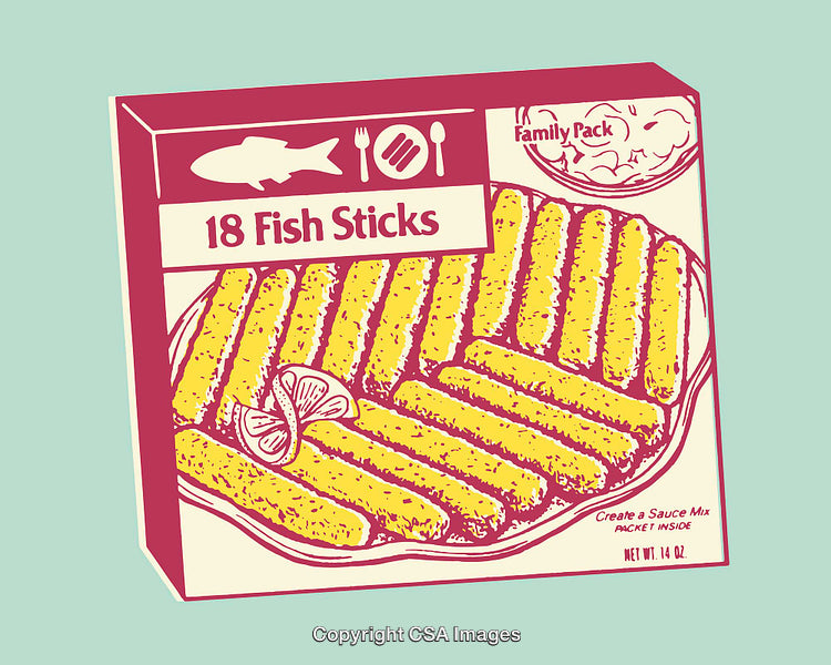 Illustrated Packaging of Fish Sticks for Families with Lemon Garnish