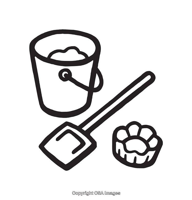 Black and White Line Art of Beach Toys with Pail and Shovel