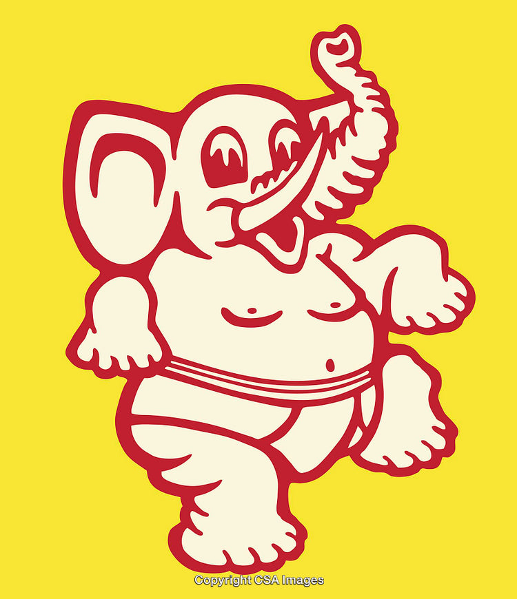 Playful Elephant Line Art Illustration on Yellow Background with Bold Red Accents