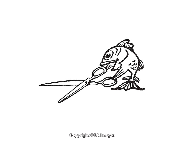 Whimsical Black and White Drawing of Fish with Scissors