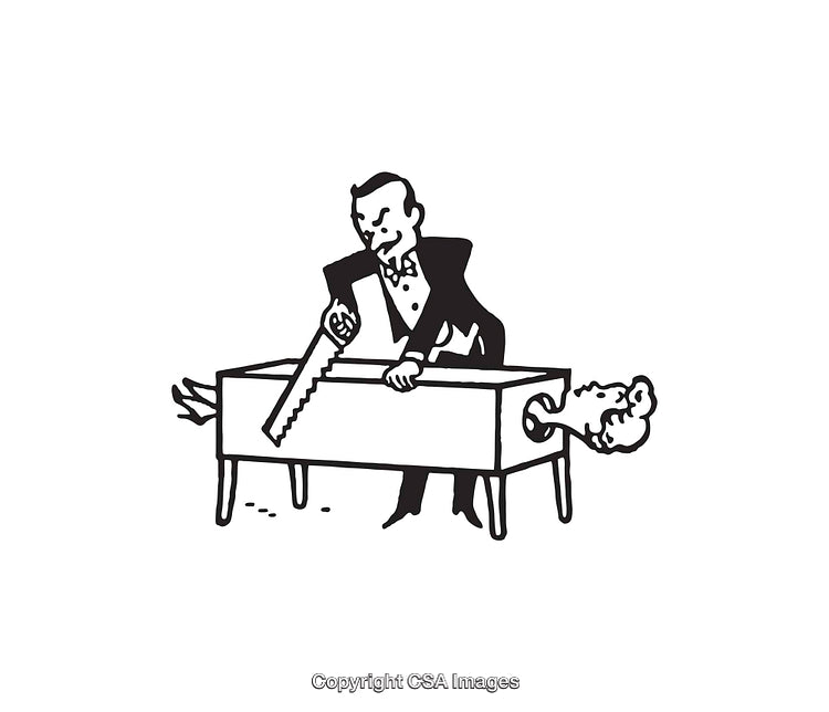 Magician Performing a Classic Sawing Illusion in Black and White Art