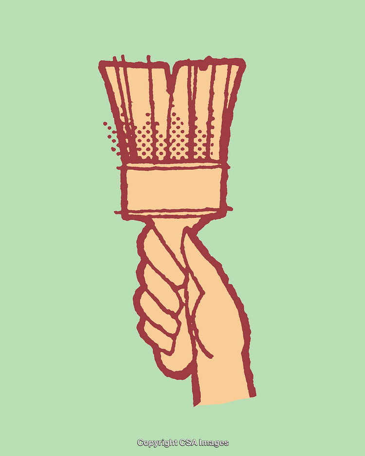 Hand Holding a Paintbrush in Line Art Style with Solid Colors