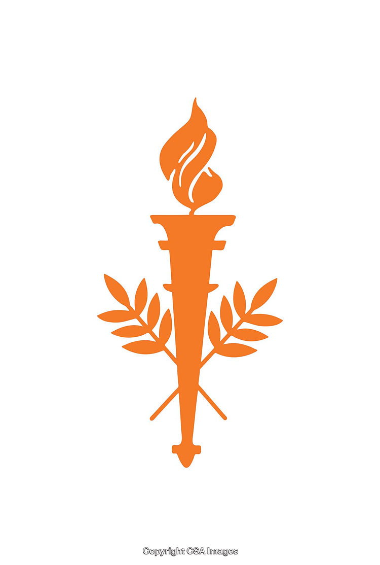 Orange Torch Icon with Flame and Laurel Branches on White Background