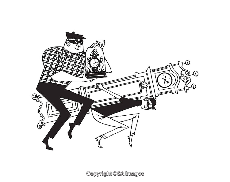 Comical Black and White Illustration of Two Burglars Stealing a Grandfather Clock