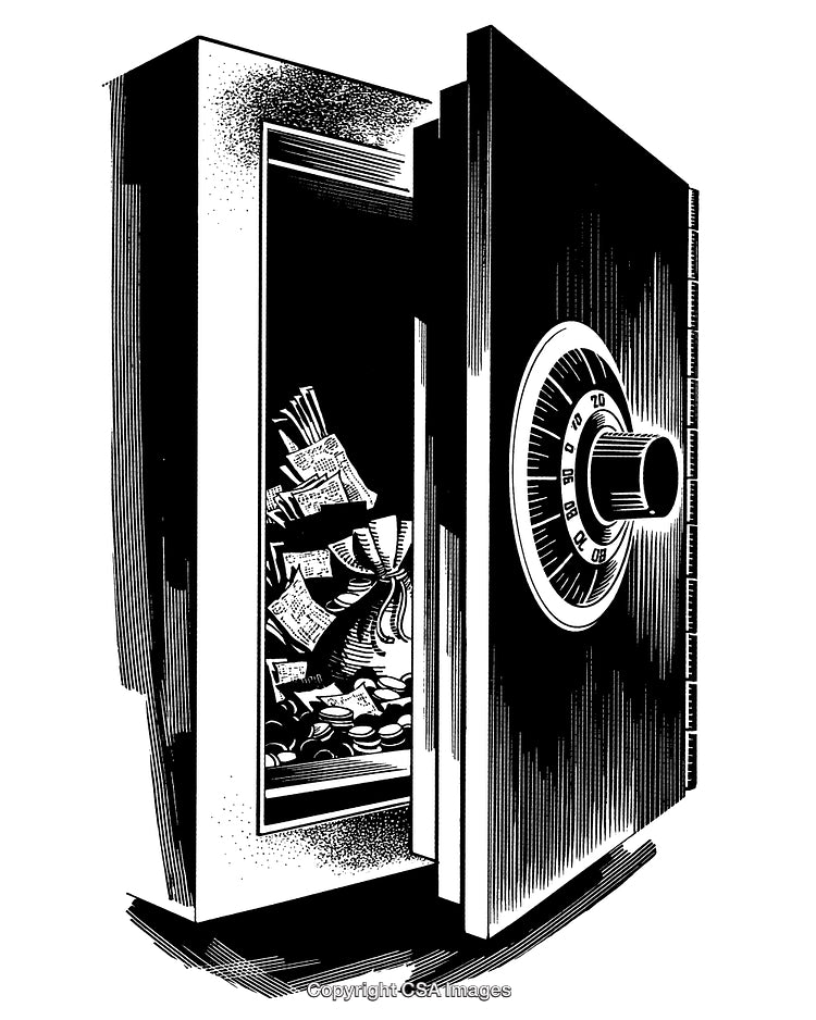 Engraved Black and White Illustration of an Open Safe Revealing Wealth