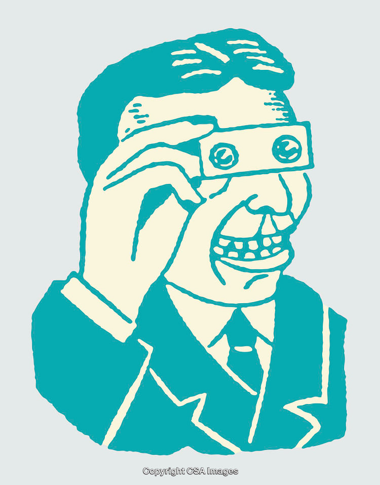 Retro Styled Illustration of a Man Holding a Rectangular Object to His Eyes