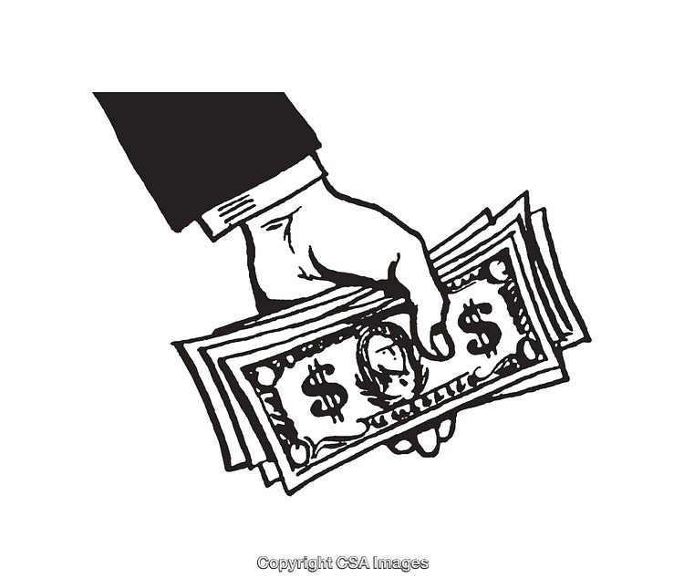 Black and White Line Art Illustration of a Hand Holding Paper Money