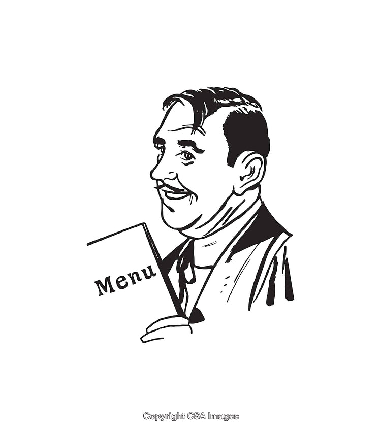 Vintage Black and White Illustration of a Smiling Man Holding a Menu