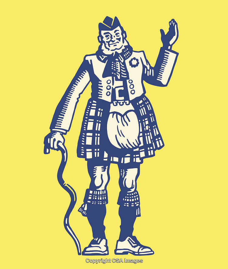 Vintage Scottish Highlander Illustration in Traditional Outfit on Yellow Background