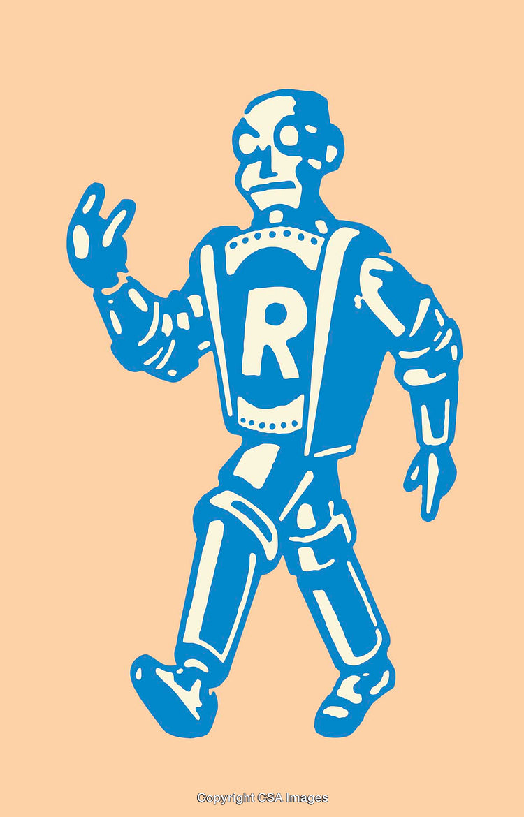 Retro Styled Blue Robot Illustration on a Beige Background