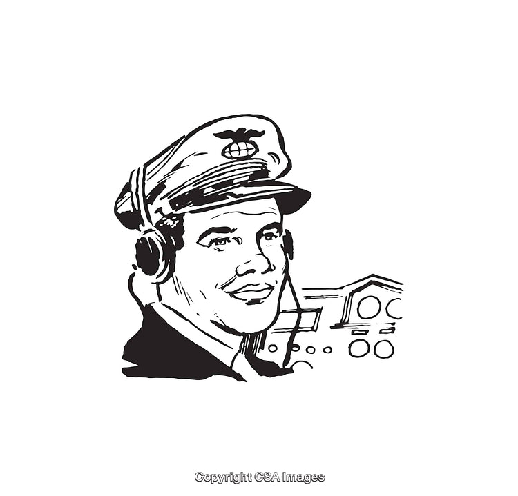 Vintage Line Art Portrait of a Smiling Pilot with Flight Headset