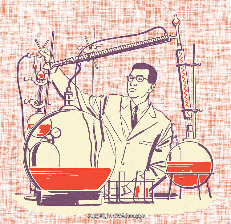 Scientist Conducting Chemistry Experiment with Vintage Laboratory Apparatus and Equipment