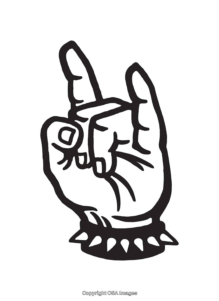 Black and White Line Art of Rock Hand Symbol with Spiked Bracelet