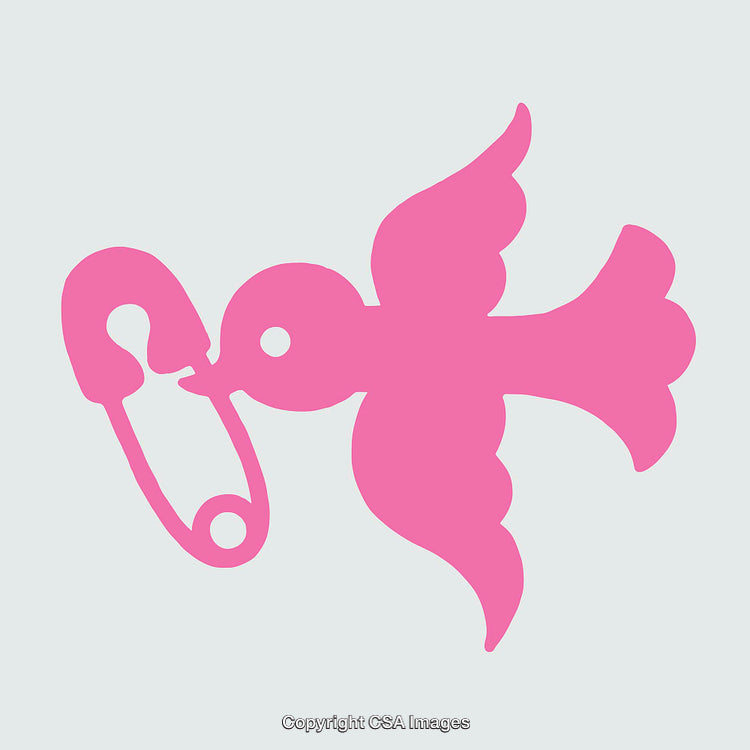 Pink Bird Holding a Safety Pin on a Light Background