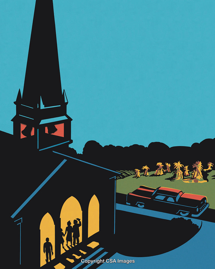 Illustration of Church Scene with Shadows and Autumn Festival in Background