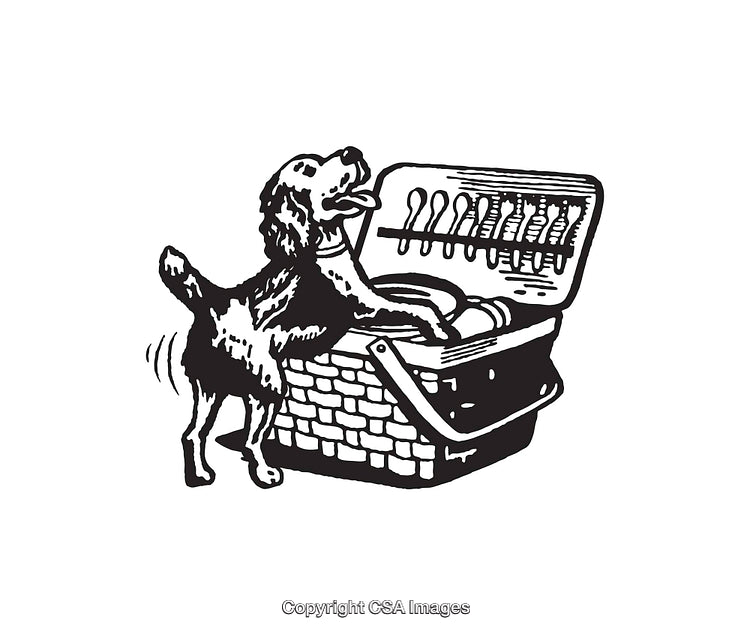 Vintage Black and White Illustration of a Dog and Picnic Basket