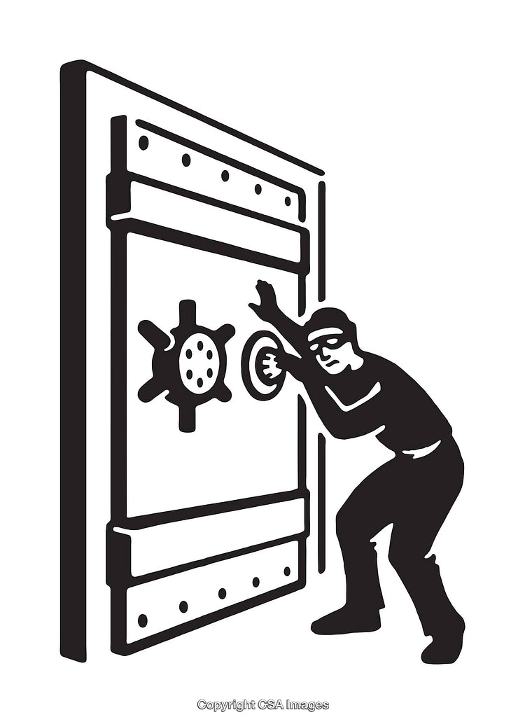 Black and White Line Art Depicting A Burglar Opening a Large Bank Vault