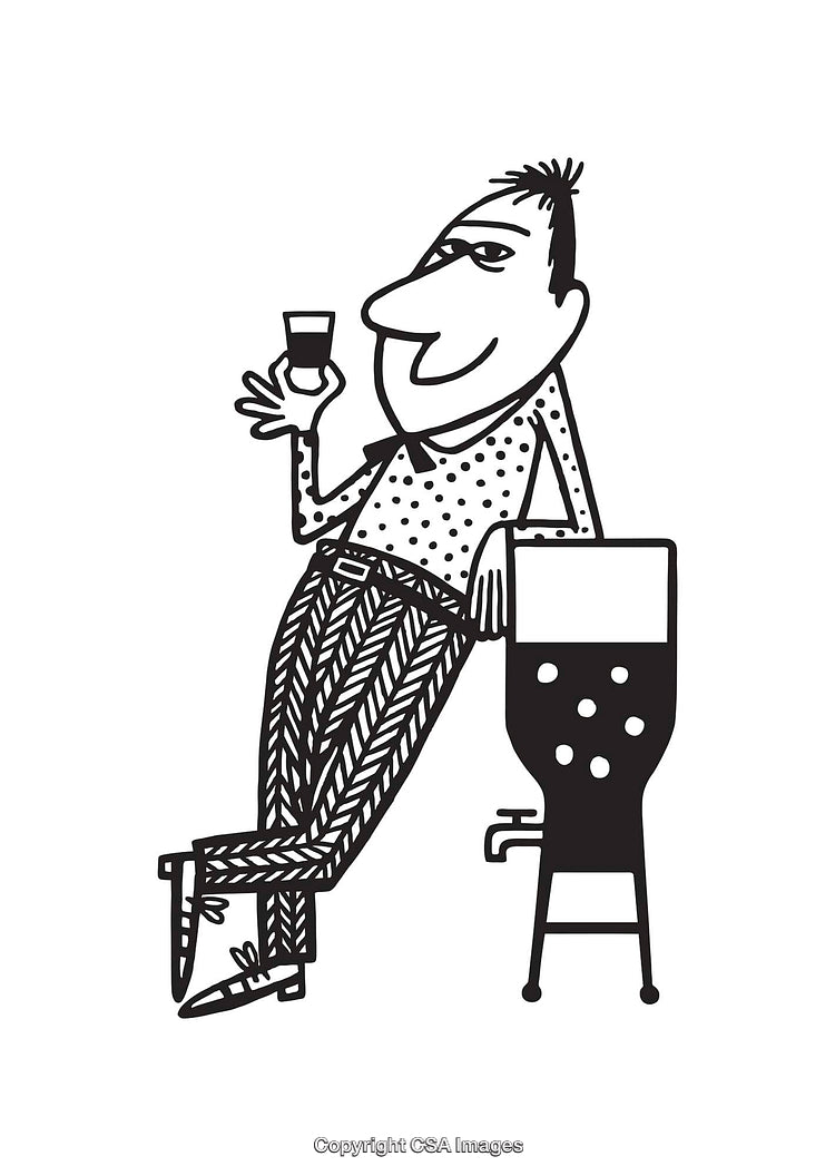 Black and White Cartoon Character with Beverage and Dispenser