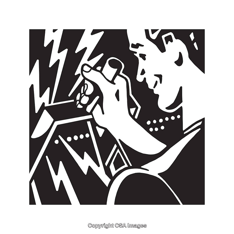 Black and White Illustration Depicting Man with Lightning and Instruments