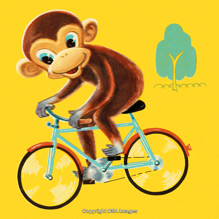 Cheerful Cartoon Monkey Riding a Bicycle on a Bright Yellow Background