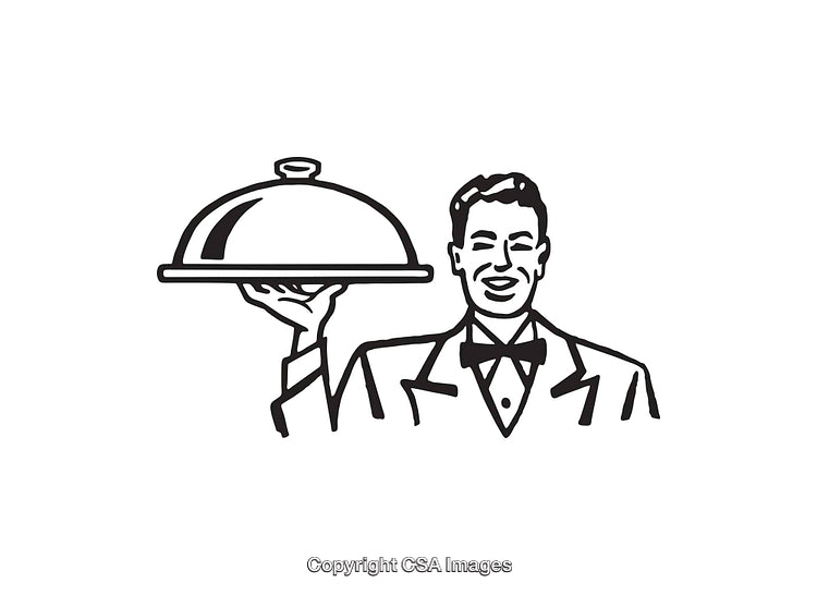 Elegant Waiter Holding a Tray in Black and White Line Art Illustration