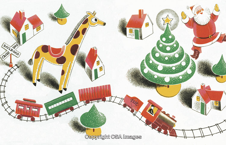 Festive Christmas Scene with Santa, Giraffe Toy, and Train