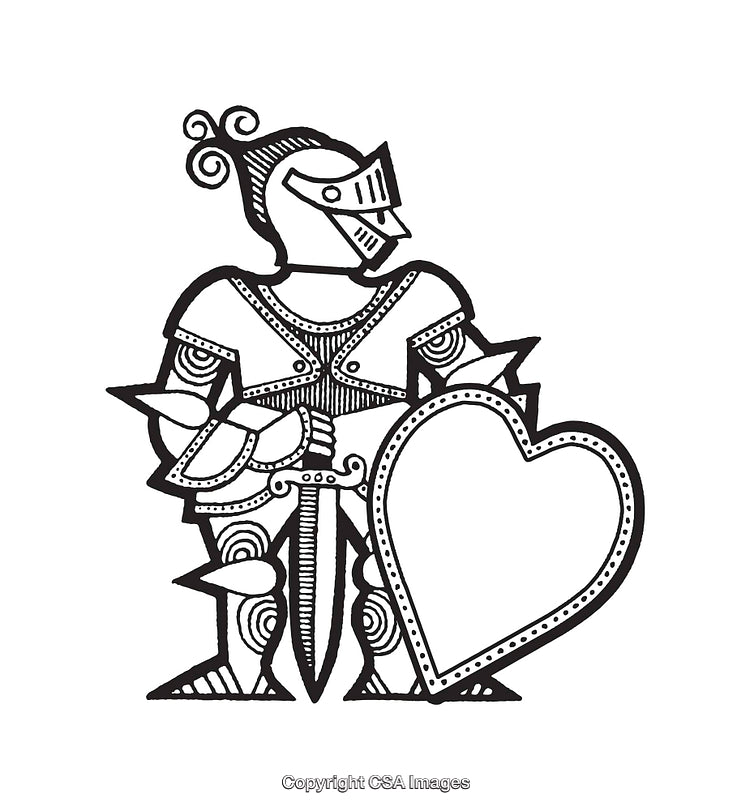 Intricate Black and White Line Art of a Knight with Heart-Shaped Shield