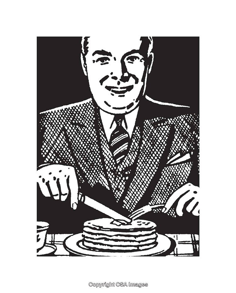 Vintage Illustration of a Man Enjoying Pancakes in Black and White Art Style