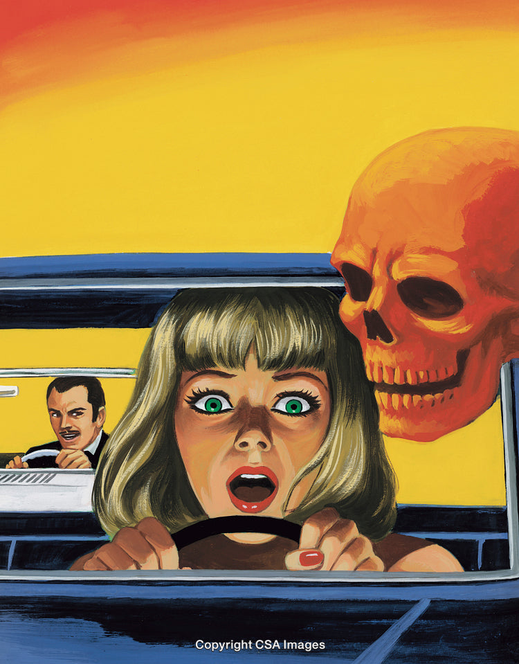 Surreal Painting of Woman in Car with Eerie Skull Encounter