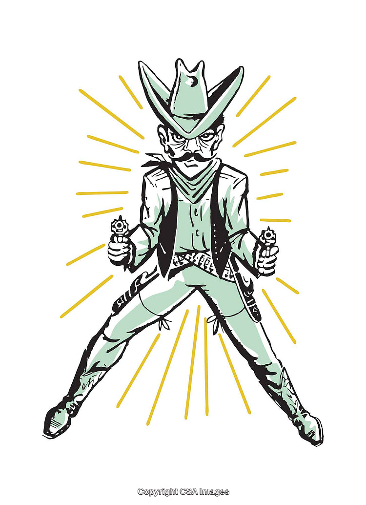 Illustration of a Vintage Cowboy with Pistols and Light Rays