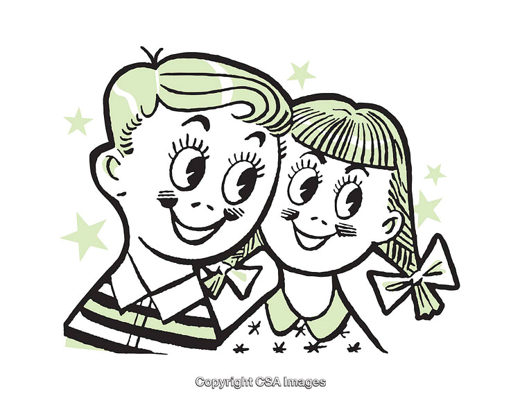 Retro Styled Illustration of Smiling Boy and Girl with Cheerful Expressions