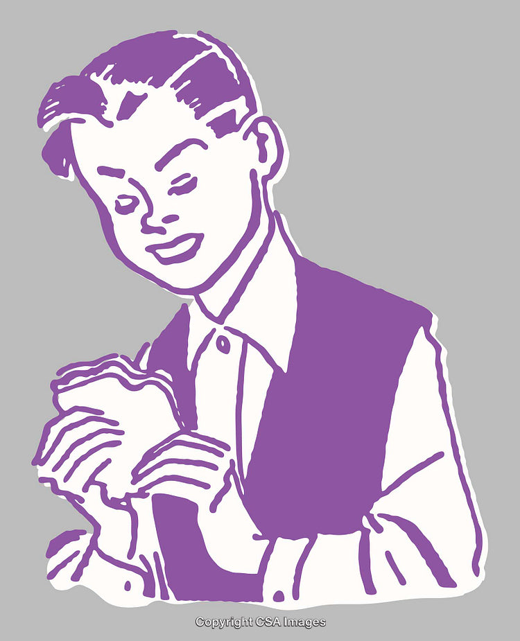 Vintage Style Line Art of Man Holding Object in Lavender and Grey