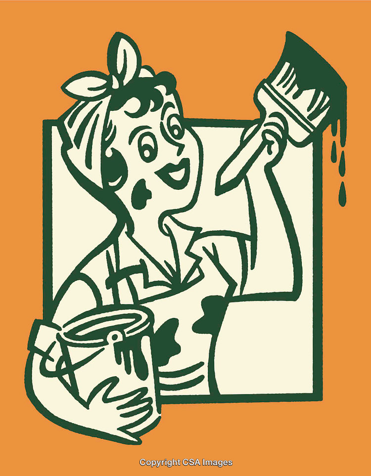 Retro Illustration of a Woman Painting Using a Brush and Paint Can