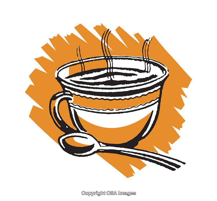 Colorful Illustration of a Steaming Cup of Tea with a Teaspoon