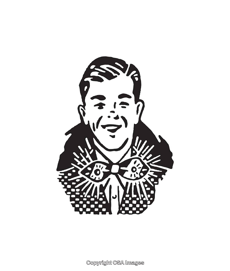 Vintage Black and White Illustration of a Smiling Gentleman with a Bowtie