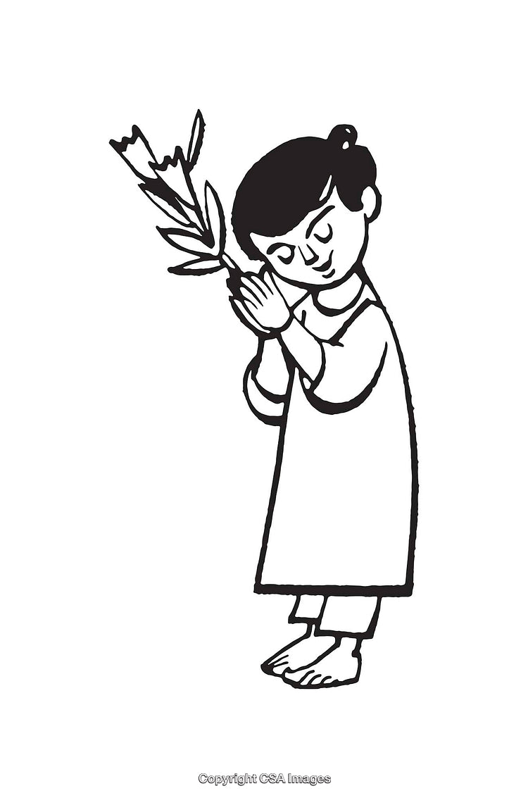 Black and White Line Art of a Child Holding Flowers in Reflection