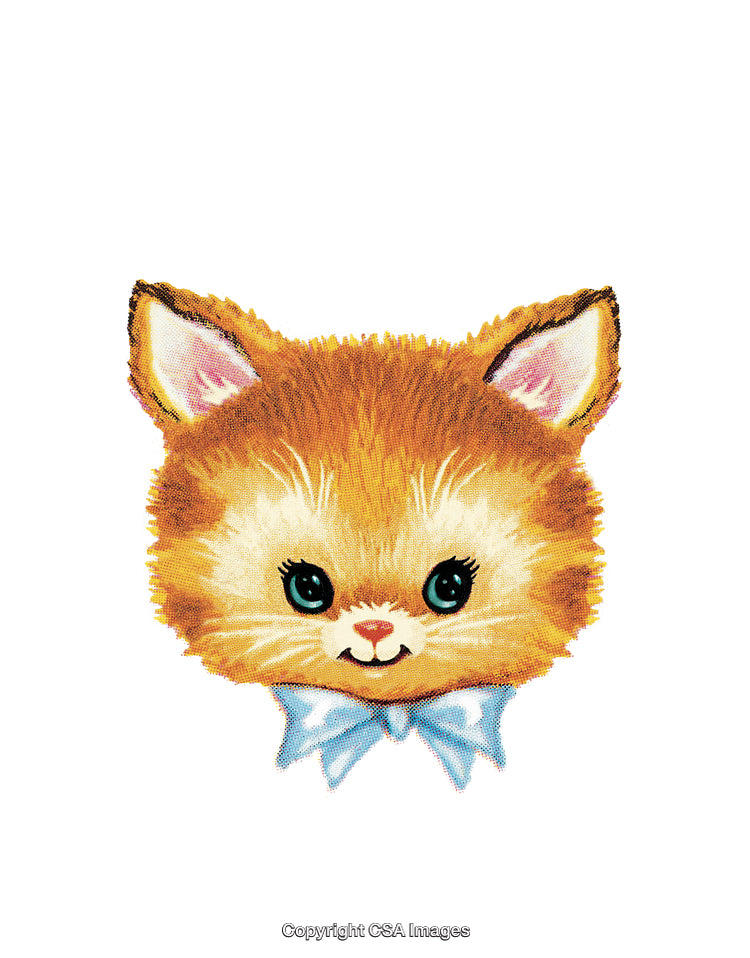 Adorable Illustrated Orange Cat Face with Blue Bow on White Background
