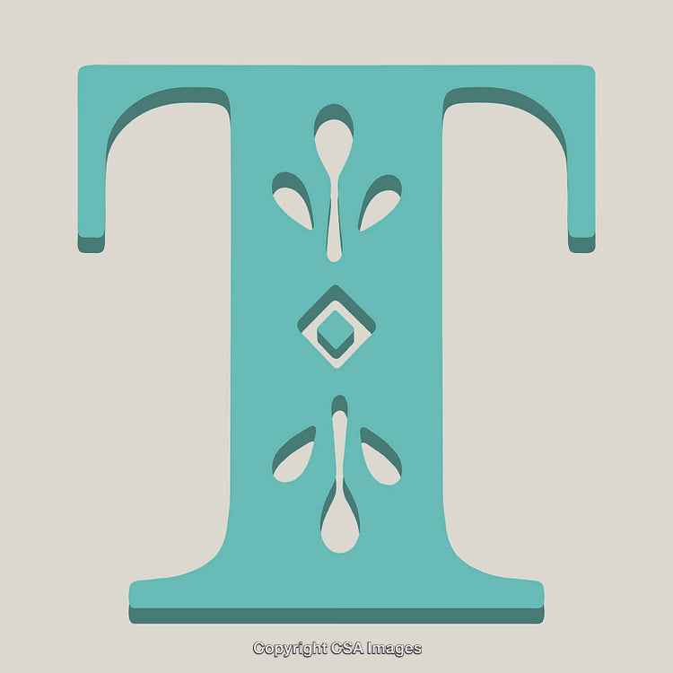 Ornate Typography Letter T in Retro Blue Style on Cream Background