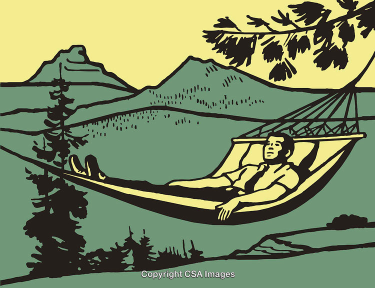 Man Relaxing in a Hammock Among Nature in a Color Line Art Style