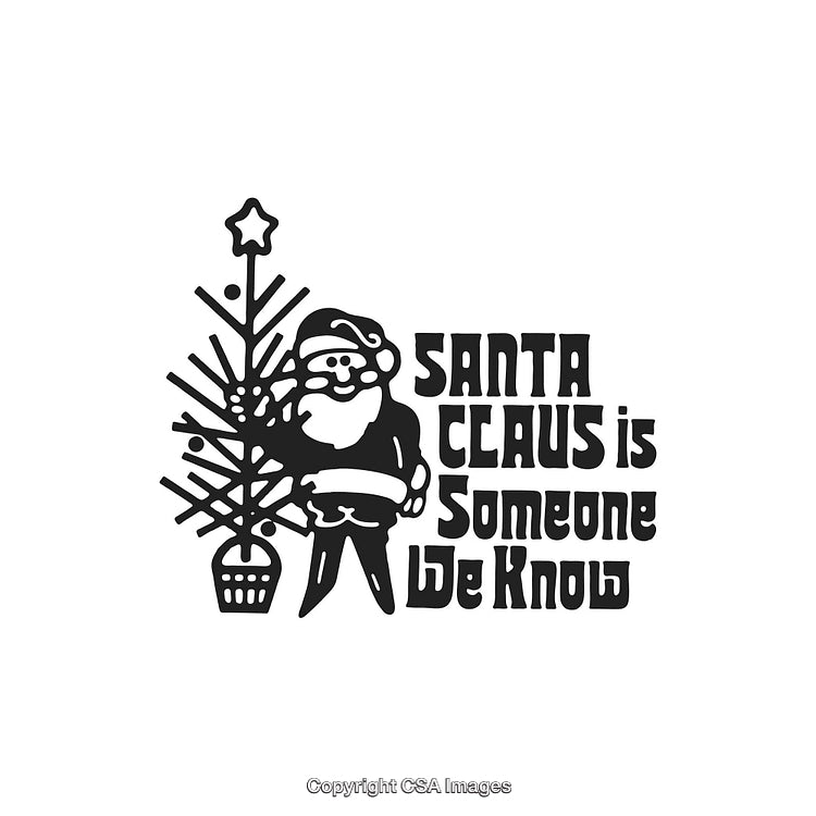 Santa Claus Illustration Next to a Decorated Christmas Tree with Festive Message