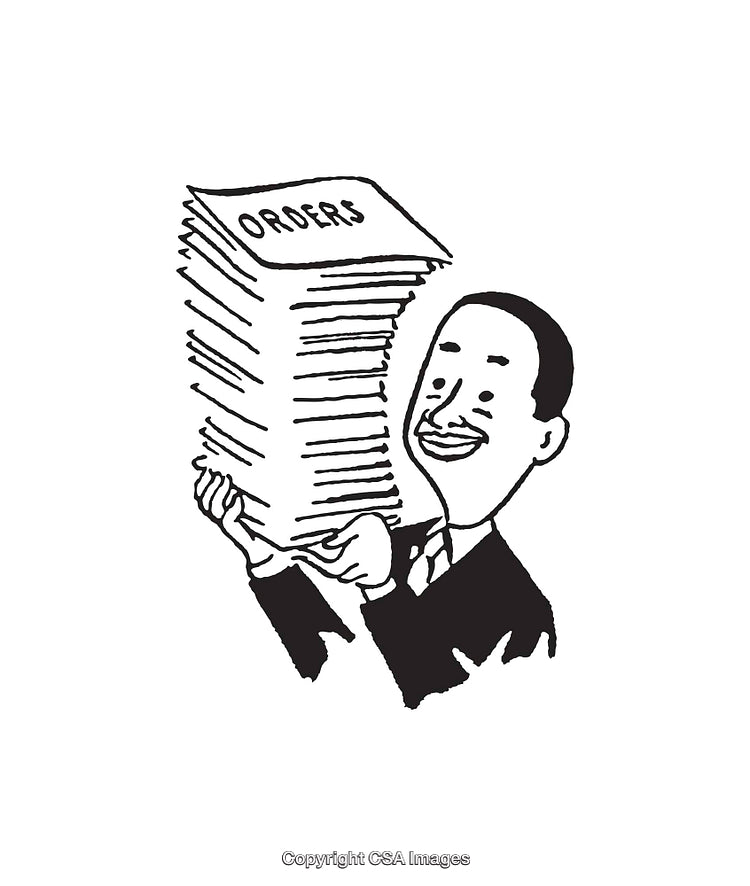Cartoon Businessman Holding Large Stack of Paperwork Labeled Orders