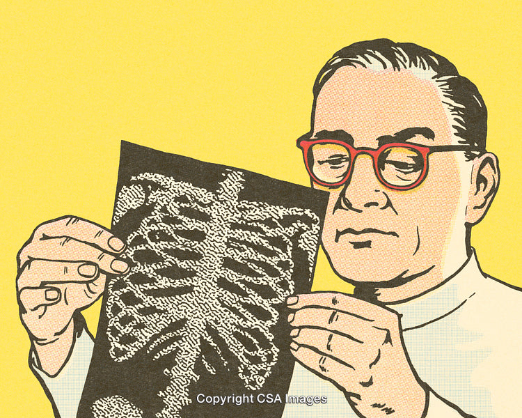Vintage Comic-Style Doctor Analyzing Skeleton X-Ray Illustration