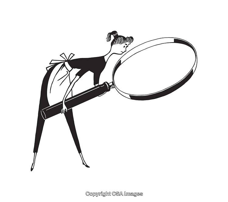 Black and White Artwork of a Woman Using a Magnifying Glass