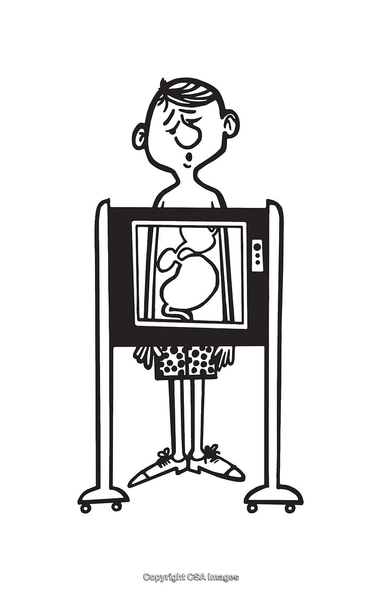 Black And White Cartoon of a Man Exposed By a Scanner