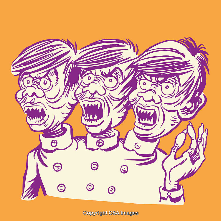 Surreal Three-Faced Character Line Art Illustration on Vibrant Background